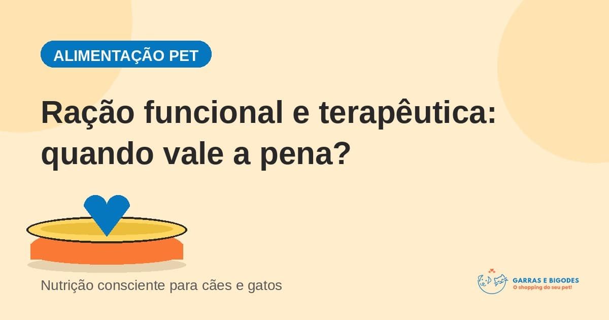 Tigela de ração estilizada com um coração ao centro, ilustração nas cores azul, laranja e amarelo sobre fundo bege claro